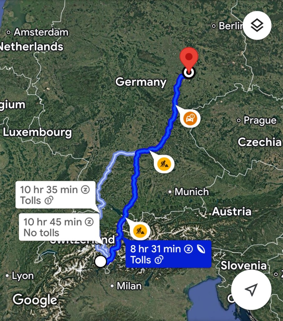 Map showing road trip plan from Golino to Leipzig. It is anticipated that the drive will take 8 hours and 31 minutes with some construction zones on the way.   