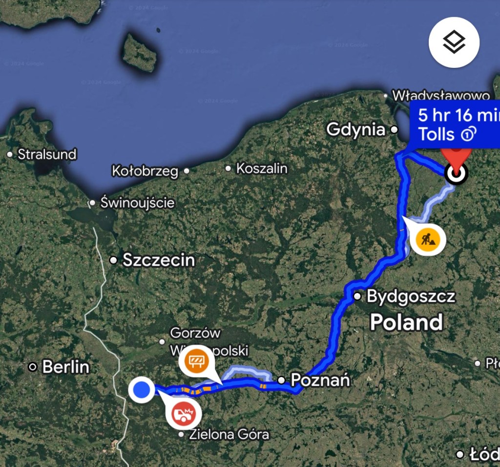 Day one road trip plan from Elblag to German border. It is anticipated that the trip will take 5 hours and 16 minutes. 