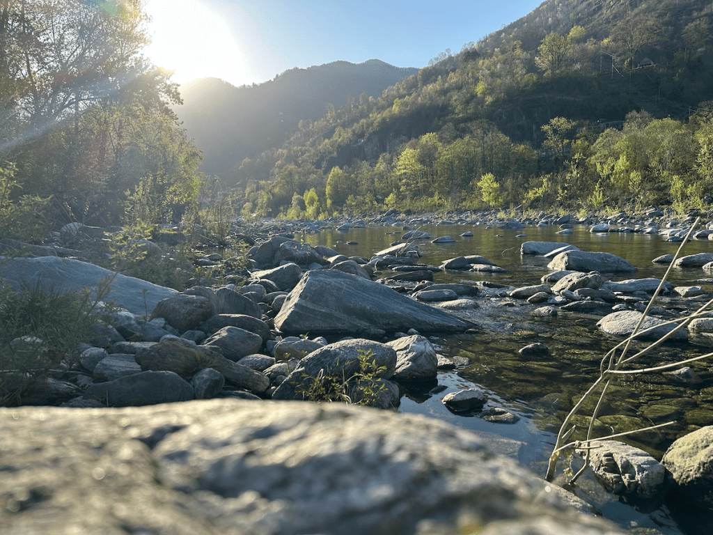 River bank in the sunset at Golino, Ticino, Switzerland